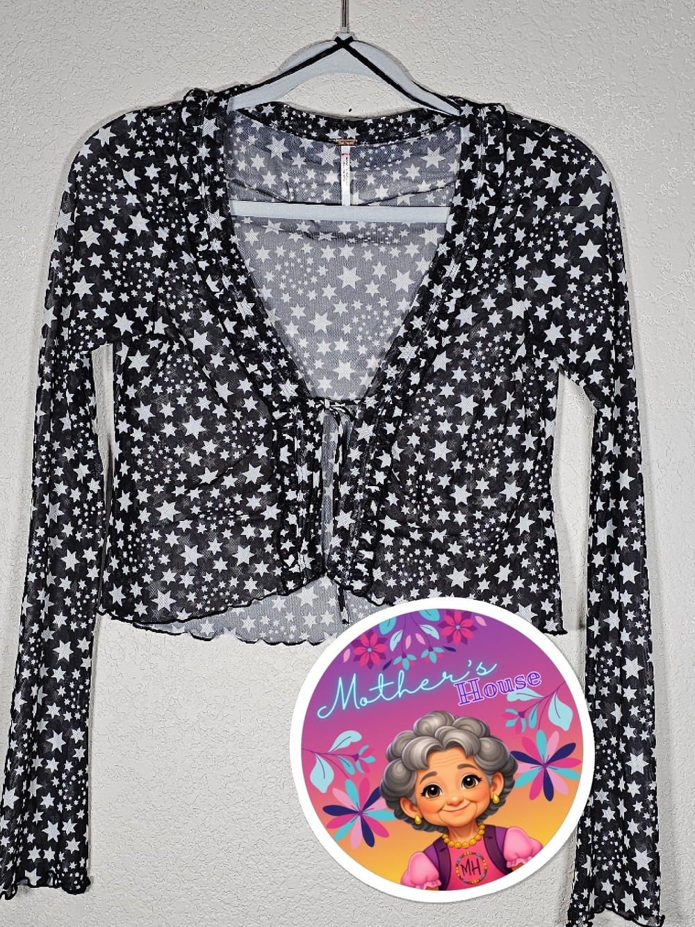 Free People Black & White Star Mesh Tie-Front Crop - Picture 1 of 5